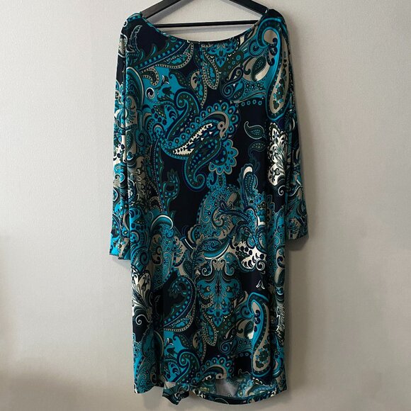 Brian Bailey Blue Paisley Print Front Tie Long Sleeve Round Neck Dress - Picture 2 of 11
